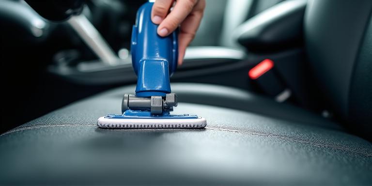 Detailed shot of a car interior being vacuumed with professional tools
