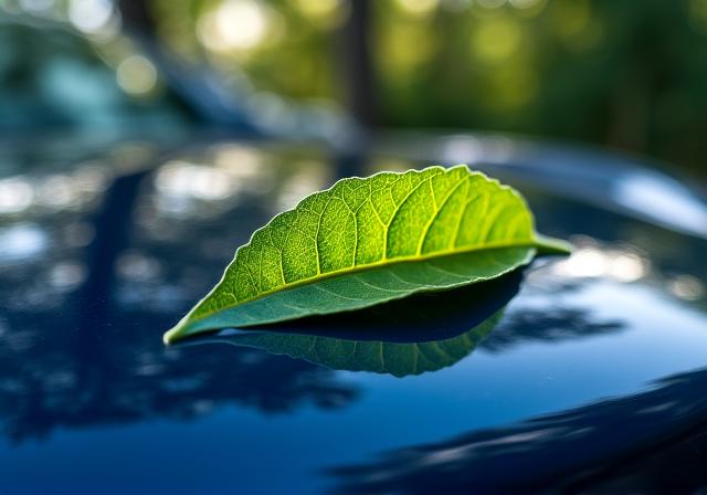 Close up of a clean car reflecting green leaves
