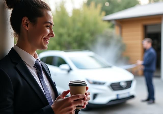 A business professional working comfortably at home while a clean car is visible in the driveway