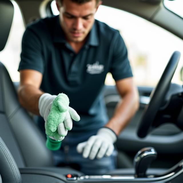 Detailer using professional eco-friendly tools on a car interior